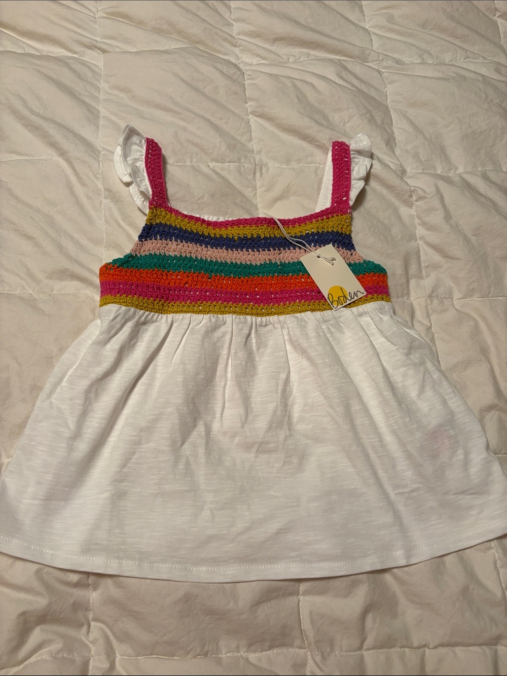Boden White Tank Top with Multicolor Crochet Yoke